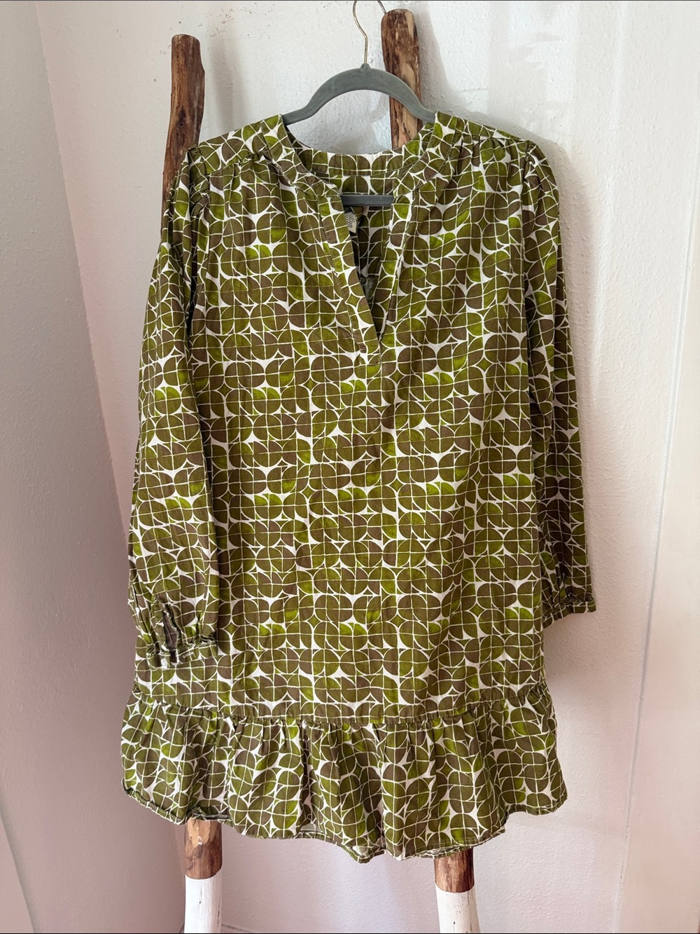 Jessica Simpson Olive Chartreuse Green Geometric Ruffle-Hem Long Sleeve Dress S